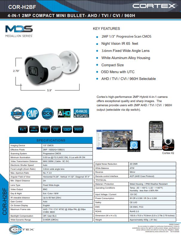 COR-H2BF 2MP Hybrid Cortex camera, This AHD Infrared Bullet Security Camera with 3.6mm fixed lens also TVI or CVI output selectable.