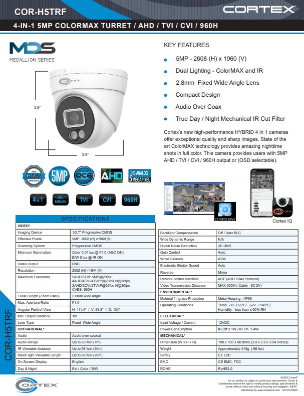 Medallion 5MP Network Turret Camera with IR and 2.8mm wide angle lens