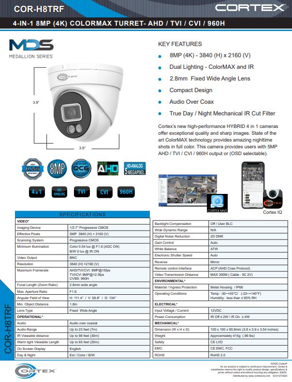 AHD 8MP (4K) Outdoor Camera with infrared 2.8mm fixed lens