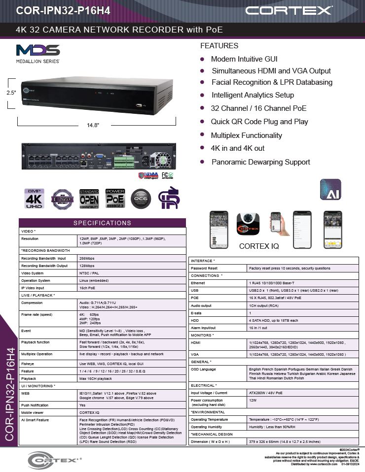 Specification image for the IPN32-P32H8 Cortex® Medallion 32 camera NVR with 8MP (4K) Recording resolution and 4 HDD Bays